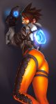  1girl ass bakkuman bodysuit bomber_jacket brown_hair glowing goggles gun handgun jacket nose overwatch pistol short_hair sleeves_pushed_up solo tracer_(overwatch) union_jack weapon 