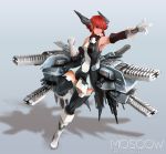  1girl absurdres black_legwear boots breasts clenched_hand commentary detached_sleeves dress gloves green_eyes grin headgear highres knee_boots mecha_musume mothman_(the_m0thman) original quadruple_wielding railgun redhead short_dress short_hair sidelocks small_breasts smile solo thigh-highs white_gloves zettai_ryouiki 