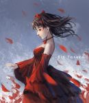  1girl bare_shoulders breasts brown_hair character_name choker detached_sleeves dress fate/stay_night fate_(series) frills long_hair mask_shounen medium_breasts petals profile red_dress solo strapless strapless_dress tohsaka_rin toosaka_rin twintails 