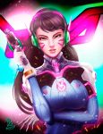  1girl artist_request bodysuit breasts brown_eyes brown_hair charm_(object) d.va_(overwatch) facial_mark gloves gun headphones highres large_breasts lips long_hair looking_at_viewer nose overwatch pilot_suit skin_tight solo weapon whisker_markings white_gloves 