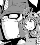  1boy 1girl 80s ahoge autobot bare_shoulders crossover detached_sleeves double_bun hairband headgear japanese_clothes kamizono_(spookyhouse) kantai_collection kongou_(kantai_collection) long_hair machine machinery mecha monochrome nontraditional_miko oldschool optimus_prime ribbon-trimmed_sleeves ribbon_trim robot science_fiction smile transformers 