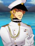  1boy adjusting_clothes adjusting_gloves blonde_hair blurry brown_eyes depth_of_field dio_brando gloves hat highres jojo_no_kimyou_na_bouken jonya male_focus military military_hat military_uniform mountain ocean solo star uniform upper_body white_gloves 