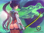  1girl armor ass bangs blue_hair blunt_bangs bodysuit breasts brown_legwear copyright_name cowboy_shot cyborg dragon eastern_dragon from_behind genderswap genderswap_(mtf) genji_(overwatch) holding holding_sword holding_weapon katana long_hair looking_at_viewer looking_back no_headwear no_helmet overwatch panties ponytail power_armor red_eyes sidelocks solo sword thigh-highs thong thong_panties underwear very_long_hair weapon 