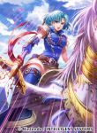  1girl armor blue_hair chachie circlet copyright_name feathered_wings fingerless_gloves fire_emblem fire_emblem:_fuuin_no_tsurugi fire_emblem_cipher gloves official_art open_mouth pegasus pegasus_knight petals polearm sky solo spear tate teeth thigh-highs weapon wings 