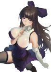  1girl bare_shoulders between_breasts black_legwear bow breasts brown_hair dress elbow_gloves erect_nipples finger_to_mouth from_above gloves hair_bow hand_between_breasts highres large_breasts leg_up liyou-ryon long_hair looking_at_viewer original pleated_dress purple_dress solo thigh-highs very_long_hair violet_eyes white_gloves 