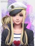  1girl blonde_hair blue_eyes collarbone gohpot hat heart highres jacket k-on! kotobuki_tsumugi listen!! military_hat peaked_cap ponytail realistic shirt sidelocks signature smile solo striped striped_shirt upper_body watermark web_address 