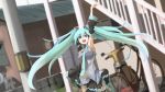  1girl aqua_hair bicycle building female fushichou ground_vehicle hatsune_miku long_hair motor_vehicle motorcycle necktie skirt solo stairs thigh-highs twintails vocaloid 