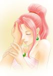  1girl bare_shoulders dress earrings final_fantasy final_fantasy_iv final_fantasy_iv_the_after hand_on_another&#039;s_face jewelry kaworuko long_hair pink_dress pink_hair pink_lips ponytail porom pov_hands solo_focus strapless strapless_dress 