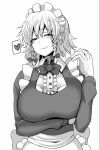  1girl alternate_breast_size apron blush bow bowtie braid breast_hold breasts chin_(motio7201) gloves greyscale hair_bow heart izayoi_sakuya large_breasts long_sleeves looking_at_viewer maid_headdress monochrome smile solo spoken_heart touhou twin_braids upper_body waist_apron 