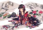  1girl bangs black_hair blunt_bangs calligraphy calligraphy_brush dangmill flower hair_flower hair_ornament hime_cut ichihara_yuuko japanese_clothes kimono long_hair mokona paintbrush scroll xxxholic 