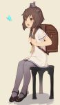  1girl :d animal backpack bag beige_background black_shoes blush brown_eyes brown_hair buckle butterfly flat_chest full_body grey_hat hat insect kantai_collection keemu_(occhoko-cho) km_(artist) mary_janes mini_hat neckerchief open_mouth pantyhose purple_legwear randoseru round_teeth school_uniform serafuku shirt shoes short_hair short_sleeves simple_background smile solo tareme teeth white_shirt yukikaze_(kantai_collection) 