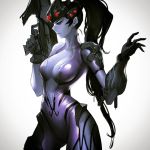  1girl bodysuit breasts center_opening cowboy_shot finger_on_trigger gun head_mounted_display holding holding_gun holding_weapon hongz long_hair medium_breasts overwatch ponytail purple_hair purple_skin rifle shiny shiny_clothes simple_background sniper_rifle solo very_long_hair weapon white_background widowmaker_(overwatch) 