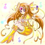  1girl aitaso boots bow brooch brown_hair bubble_skirt circlet cure_muse cure_muse_(yellow) dodory earrings fairy_tone frills hair_bow headband heart jewelry knee_boots long_hair looking_at_viewer magical_girl musical_note precure red_eyes shirabe_ako skirt solo suite_precure yellow_boots yellow_bow yellow_skirt 