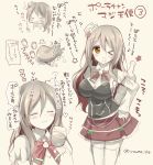  1girl alcohol blush breasts brown_eyes chibi closed_eyes fall grey_hair hat hitsuji_takako kantai_collection large_breasts long_hair looking_at_viewer miniskirt one_eye_closed pola_(kantai_collection) skirt smile solo standing thigh-highs translation_request wine zettai_ryouiki 