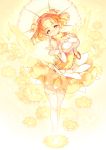  1girl arched_back bare_shoulders blonde_hair blush bow breast_suppress breasts btoor closed_mouth deep_skin detached_collar detached_sleeves double_bun dress floral_background flower full_body hair_flower hair_ornament highres large_breasts long_sleeves magical_girl multicolored_hair orange_bow orange_hair original puffy_sleeves short_hair smile solo thigh-highs two-tone_hair umbrella white_legwear wings 
