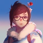  1girl ask_(askzy) beads black-framed_eyewear black-framed_glasses brown_eyes brown_hair canister coat drone fur-lined_jacket fur_coat fur_trim glasses hair_bun hair_ornament hair_stick hairpin lips looking_at_viewer mei_(overwatch) overwatch parka robot short_hair smile snowball_(overwatch) snowflake_hair_ornament solo upper_body winter_clothes winter_coat 