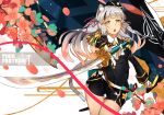  1girl animal_ears cat_ears cat_tail flower gloves hat katana long_hair looking_at_viewer lu&quot; military military_hat military_uniform open_mouth original pixiv_fantasia pixiv_fantasia_t shorts silver_hair solo sword tail uniform weapon white_gloves yellow_eyes 