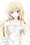  1girl blonde_hair blue_eyes collarbone dress highres long_hair looking_at_viewer open_mouth original re:rin simple_background solo strapless strapless_dress white_background white_dress 