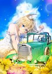  1boy 1girl animal_ears artist_name bare_shoulders blonde_hair blue_eyes blue_sky blush car chin_rest closed_eyes clouds dress field flower flower_field giantess ground_vehicle hand_on_another&#039;s_head long_hair looking_at_viewer motor_vehicle original petting seiza short_hair sitting size_difference sky smile sukja white_dress 