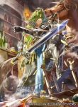  1boy armor armored_boots beard boots bottle brown_eyes copyright_name dice facial_hair fingerless_gloves fire_emblem fire_emblem_cipher gloves green_hair hair_over_one_eye horse lando_(fire_emblem) lantern long_hair low_ponytail male_focus mayo_(becky2006) money official_art solo sword weapon 