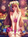  1girl aerial_fireworks araki_keika bikini bracelet breasts brown_hair city cleavage fireworks flower furyou_michi_~gang_road~ green-framed_glasses hair_flower hair_ornament head_wreath highres jewelry knees_together lips long_hair looking_at_viewer nail_polish navel parted_lips pink_nails sitting solo soo_kyung_oh stuffed_animal stuffed_toy swimsuit teddy_bear v_arms violet_eyes 