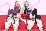  2girls ass bare_shoulders black_gloves black_legwear blonde_hair blue_eyes blush breasts cleavage closed_eyes dark_persona dual_persona fate/apocrypha fate/grand_order fate_(series) gloves highres jeanne_alter large_breasts long_hair multiple_girls pillow ruler_(fate/apocrypha) ruler_(fate/grand_order) silver_hair smile tetsu_(excalibur920) thigh-highs yellow_eyes 