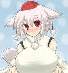  1girl animal_ears bare_shoulders blush breasts detached_sleeves hat huge_breasts inubashiri_momiji oro_(zetsubou_girl) pom_pom_(clothes) red_eyes short_hair silver_hair solo tail tokin_hat touhou wide_sleeves wolf_ears wolf_tail 