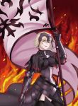  absurdres armor black_legwear blonde_hair breasts byakuya_kaien fate/grand_order fate_(series) fire headpiece highres jeanne_alter large_breasts looking_at_viewer ruler_(fate/apocrypha) ruler_(fate/grand_order) short_hair standard_bearer thigh-highs thighs yellow_eyes 