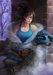  1girl against_wall beads black-framed_eyewear black-framed_glasses blue_shirt boots breasts brick_wall brown_eyes brown_hair cleavage coat frost full_body fur_trim glasses hair_bun hair_ornament hair_stick hairpin legs_crossed lips medium_breasts mei_(overwatch) nose off_shoulder overwatch petting phamoz shirt short_hair sitting solo tank_top 