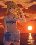  1girl adjusting_hair akatsuki_(4941086) ayase_eli backlighting bikini blonde_hair blue_eyes breasts choker cleavage clouds cowboy_shot front-tie_bikini front-tie_top hair_down jewelry long_hair looking_at_viewer love_live! love_live!_school_idol_project nail_polish navel outdoors parted_lips reflection sky solo summer sun sunset swimsuit tattoo water wet 