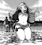  1girl 2boys bangs beach bikini blunt_bangs boku_no_hero_academia bubaigawara_jin clouds dabi_(boku_no_hero_academia) fangs front-tie_bikini front-tie_top hair_down kneeling monochrome multiple_boys ocean open_clothes open_mouth open_shirt shirt skirt smile swimsuit toga_himiko water 