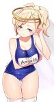  1girl absurdres artist_name blonde_hair blue_eyes blush breast_hold breasts character_name cleavage collarbone hand_to_head head_tilt headgear highres jewriel large_breasts looking_at_viewer mechanical_halo mercy_(overwatch) name_tag one-piece_swimsuit overwatch ponytail school_uniform short_hair skin_tight solo swimsuit thigh-highs thigh_gap white_legwear 