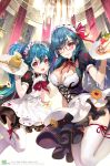  2girls apron blue_hair blush breasts checkerboard_cookie cleavage cookie fang food large_breasts long_hair looking_at_viewer maid maid_apron maid_headdress multiple_girls open_mouth original pink_eyes red_eyes siblings sisters smile thigh-highs tob tray twintails white_legwear 