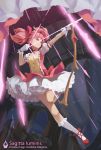  1girl arrow battle bow_(weapon) choker dress frilled_dress frills full_body gloves hair_ornament hair_ribbon highres jewelry kaname_madoka looking_away magical_girl mahou_shoujo_madoka_magica night night_sky pink_eyes pink_hair puffy_short_sleeves puffy_sleeves red_shoes ribbon shoes short_sleeves shuang_ye sky solo star star_(sky) starry_sky tied_hair twintails weapon white_gloves white_legwear 