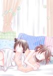  2girls bare_shoulders black_hair brown_hair closed_eyes curtains detached_sleeves dress hair_ornament headgear ishida_mia kantai_collection long_hair lying multiple_girls on_person on_side open_mouth pillow polka_dot_pillow remodel_(kantai_collection) shigure_(kantai_collection) short_hair sleeping sleeveless sleeveless_dress striped striped_pillow vertical_stripes wide_sleeves yamashiro_(kantai_collection) 