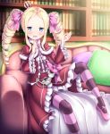  1girl beatrice_(re:zero) blonde_hair blue_eyes blush capelet crown dress drill_hair fur_trim hair_ribbon kyamu_(qqea92z9n) long_hair long_sleeves looking_at_viewer mini_crown open_mouth pantyhose re:zero_kara_hajimeru_isekai_seikatsu ribbon sitting solo striped striped_legwear symbol-shaped_pupils twin_drills twintails 