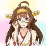  1girl ahoge alakoala_shoushou bare_shoulders brown_hair double_bun eyebrows eyebrows_visible_through_hair glasses gradient gradient_background hand_on_glasses japanese_clothes kantai_collection kongou_(kantai_collection) long_hair looking_at_viewer nontraditional_miko open_mouth upper_body violet_eyes 