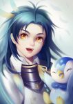  1boy bird blue_hair crossover ecat feathers hair_feathers highres male_focus open_mouth penguin personification piplup pokemon pokemon_(creature) smile taikogane_sadamune touken_ranbu upper_body yellow_eyes 