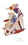  2girls alternate_costume alternate_hairstyle barefoot blonde_hair breasts crossed_ankles drinking dutch_angle from_side full_body gourd hair_ribbon hand_on_hip hand_on_own_knee holding horn horns hoshiguma_yuugi ibuki_suika japanese_clothes kimono knees_up large_breasts long_hair long_sleeves looking_at_viewer looking_back multiple_girls nail_polish oni open_clothes open_kimono orange_hair pointy_ears profile red_eyes rei_(sanbonzakura) ribbon sakazuki sash short_kimono short_sleeves simple_background sitting smile standing text thigh_strap toenail_polish touhou under_boob very_long_hair white_background white_nails wide_sleeves yukata 