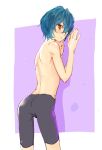  1boy ass from_behind green_hair high_speed! kirishima_ikuya looking_at_viewer male_focus red_eyes swim_trunks tataru_(pixiv_785179) topless trap 