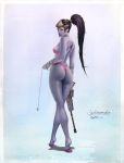  1girl arm_tattoo ass black_hair character_name grapnel grappling_hook gun head_mounted_display highres krystopher_decker lipstick makeup one-piece_swimsuit overwatch pink_swimsuit ponytail rifle signature sniper_rifle swimsuit tattoo weapon widowmaker_(overwatch) yellow_eyes 