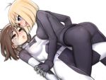  2girls ass black_bodysuit blonde_hair blush bodysuit brown_eyes brown_hair d.va_(overwatch) eye_contact facial_mark folks_(nabokof) gally gunnm long_hair looking_at_another multiple_girls overwatch pilot_suit short_hair whisker_markings yuri 