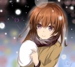  1girl brown_hair character_request holding looking_at_viewer qingchen_(694757286) scarf signature snow solo violet_eyes 
