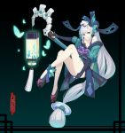  1girl absurdres aoandon bangs bare_shoulders blue_eyes blue_lips blue_nails blunt_bangs bone bow butterfly covering covering_ass flying full_body gloves hair_ornament highres japanese_clothes lantern legs long_hair looking_at_viewer low-tied_long_hair nail_polish off_shoulder onmyoji partly_fingerless_gloves solo staff very_long_hair white_hair white_skin zxj 