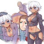  &gt;:( 1boy 1girl abs angel_(kof) black_panties blue_eyes blush boots breasts chaps cleavage cropped_jacket dimples_of_venus fingerless_gloves folks_(nabokof) genderswap genderswap_(mtf) gloves k&#039; maxima midriff navel panties petting red_gloves short_hair the_king_of_fighters thigh-highs underwear white_hair 