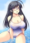  1girl ahoge antenna_hair bare_shoulders bespectacled between_legs black_hair blue_eyes blush breasts cleavage collarbone competition_school_swimsuit covered_navel girls_und_panzer glasses hand_between_legs isuzu_hana large_breasts long_hair looking_at_viewer open_mouth school_swimsuit shinshin sitting smile solo swimsuit twitter_username white_swimsuit 
