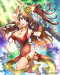  1girl armpits arms_up bangs bare_shoulders blue_eyes breasts brown_hair china_dress chinese_clothes cleavage collar company_name dress eyebrows eyebrows_visible_through_hair floral_print fuji_minako high_heels holding holding_weapon jewelry large_breasts leaf long_hair looking_at_viewer official_art one_leg_raised open_mouth pendant ponytail solo sparkle sword unmei_no_clan_battle weapon 