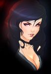  1girl black_hair breasts choker cleavage collarbone formal highres light_smile looking_at_viewer mole mole_on_breast mole_under_mouth parted_lips red_lips short_hair solo suit superboin the_witcher the_witcher_3 upper_body violet_eyes yennefer 