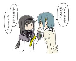  2girls akemi_homura black_hair black_ribbon blazer blue_hair capelet directional_arrow expressionless female flat_color hair_ornament hairband hairclip jacket jitome long_hair long_sleeves mahou_shoujo_madoka_magica miki_sayaka multiple_girls oda_takayuki ribbon school_uniform shirt short_hair speech_bubble talking text upper_body white_background white_shirt 