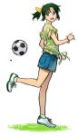  1girl adidas b_suke ball bow denim denim_skirt female freestyle_soccer frilled_shirt frills full_body grass green_eyes green_hair green_shirt hair_bow kicking looking_back midorikawa_nao open_mouth precure shirt shoes short_ponytail simple_background skirt smile_precure! soccer_ball socks solo standing standing_on_one_leg training white_background wristband yellow_bow 